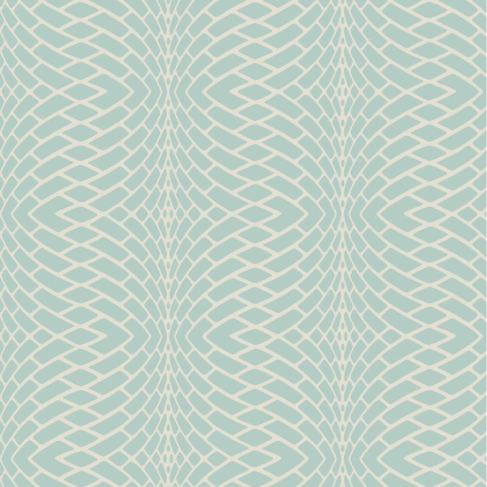 An abstract pattern with a light blue background featuring wavy, interwoven white lines that create a symmetrical, lattice-like design. The lines vary in thickness, adding a sense of depth and movement to the geometric shape, making it an ideal York Wallcoverings Illusion Texture (60 SqFt) with vinyl-coated durability.