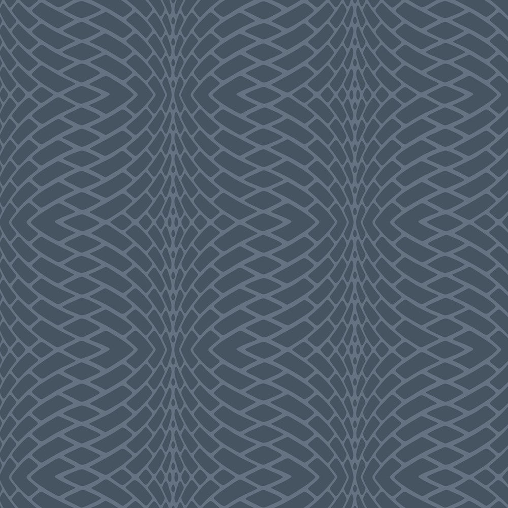 A seamless pattern featuring interlacing, wavy lines in shades of dark and light blue, creating a geometric, mesh-like effect on a deep blue background. The vinyl-coated design has a sense of depth and movement, resembling York Wallcoverings' Illusion Texture (60 SqFt) with a woven or tiled texture.