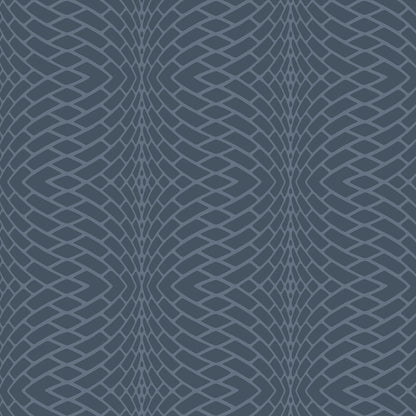 A seamless pattern featuring a wave-like design in dark and light blue shades. This Illusion Wallpaper (60 SqFt) by York Wallcoverings with interconnected lines creates an optical illusion of movement and depth, forming a dynamic, visually engaging background. The vinyl-coated surface ensures durability while maintaining its vibrant appeal.