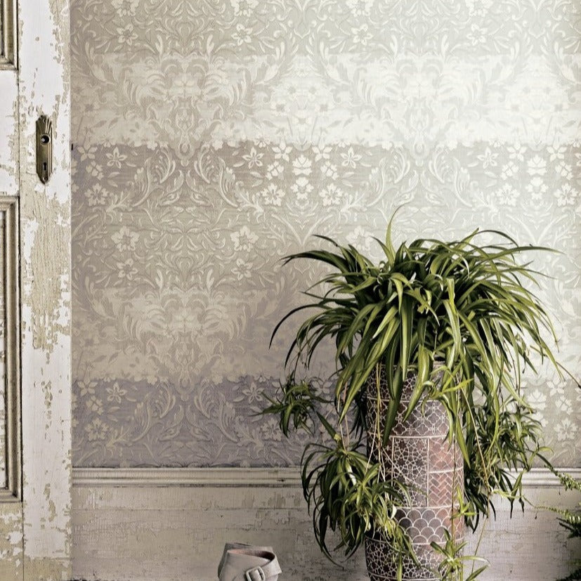 A lush green spider plant in a patterned pot sits on the floor against a wall adorned with intricate, vintage Patina Vie Zara Damask Wallpaper - Grey by York Wallcoverings. To the left, part of a weathered white door with a brass handle adds a rustic touch to the scene.