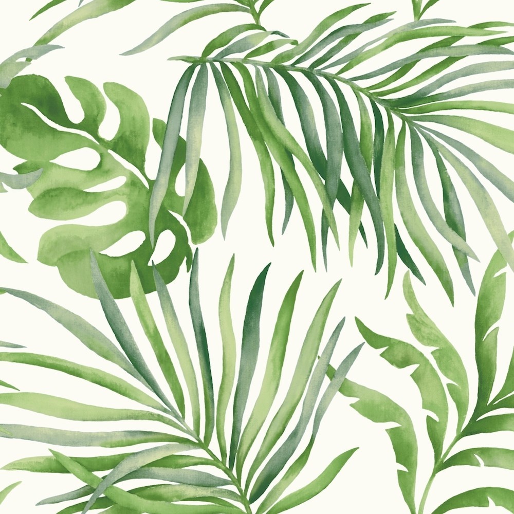 Green tropical leaves, including life-size palm fronds and monstera leaves, are arranged in a seamless pattern on a light background. The varying shades create a lush and vibrant look reminiscent of Paradise Palm Leaves (60 SqFt) by York Wallcoverings found in a tropical rainforest.