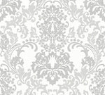 A seamless wallpaper pattern featuring an ornate, symmetrical damask ornament in shades of gray on a white background. The intricate floral and organic motifs create an elegant and classic baroque design suitable for various interior decor styles. Try the Baroque Black Wallpaper by Ontario for a stunning effect.